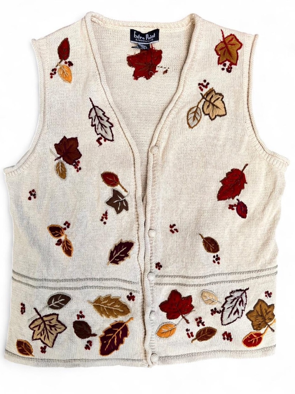 Vintage Cottagecore 90s Grandpa Embroidered Autumn Ivory Knit Sweater Vest